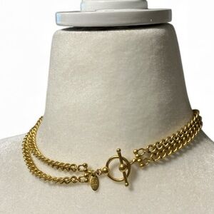 Chunky Matte Gold Tone Two-Strand Curb Chain Choker w/ Toggle Front Closure 16”